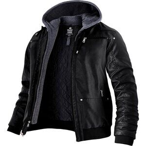 Men's Black-Thick Winter Coat Faux Leather Spring Jacket with Removable Hood